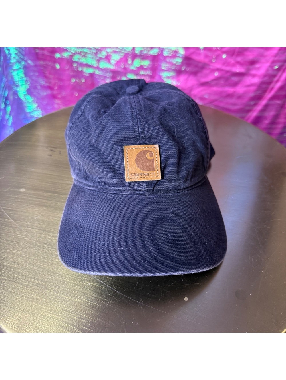 Carhartt Odessa Cap Navy Canvas Leather Patch Adjustable Dad Hat Workwear Faded